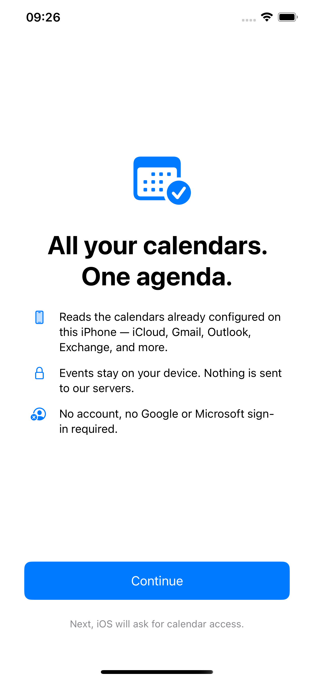 Onboarding screen explaining privacy