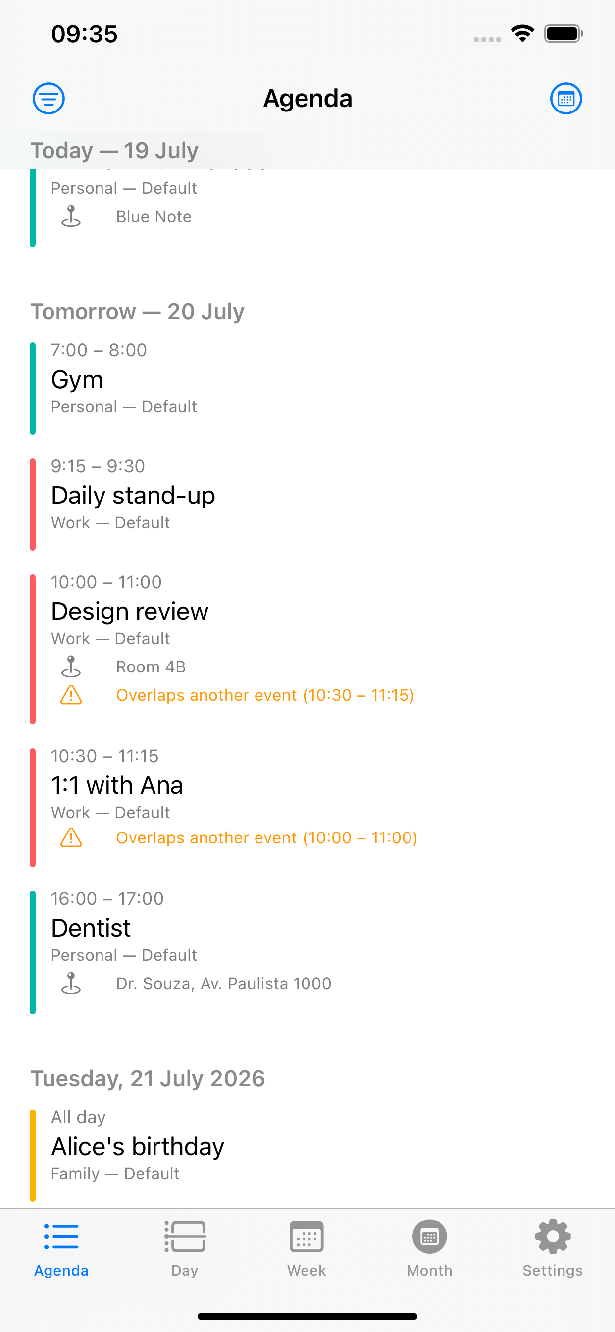 Agenda view with overlap warnings