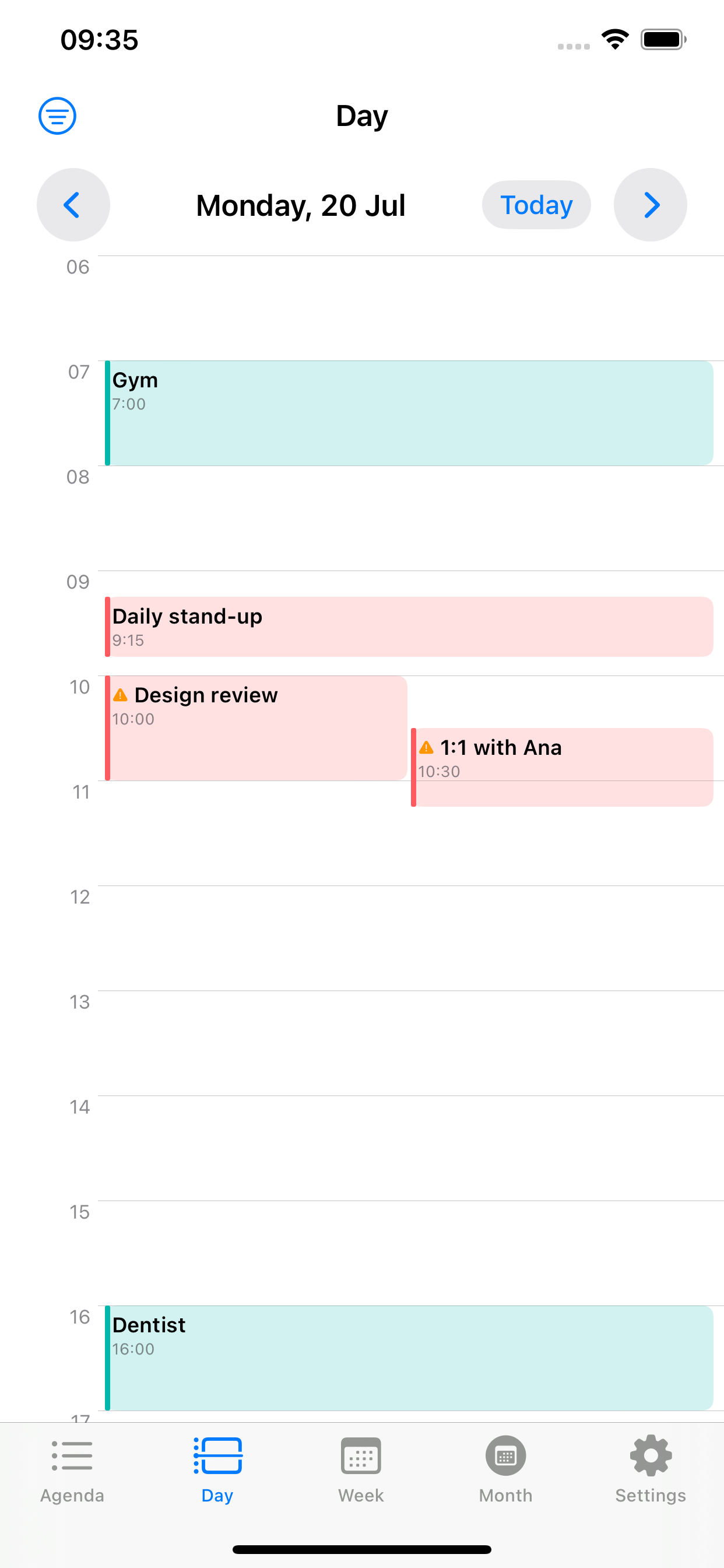 Day timeline with overlapping events side by side