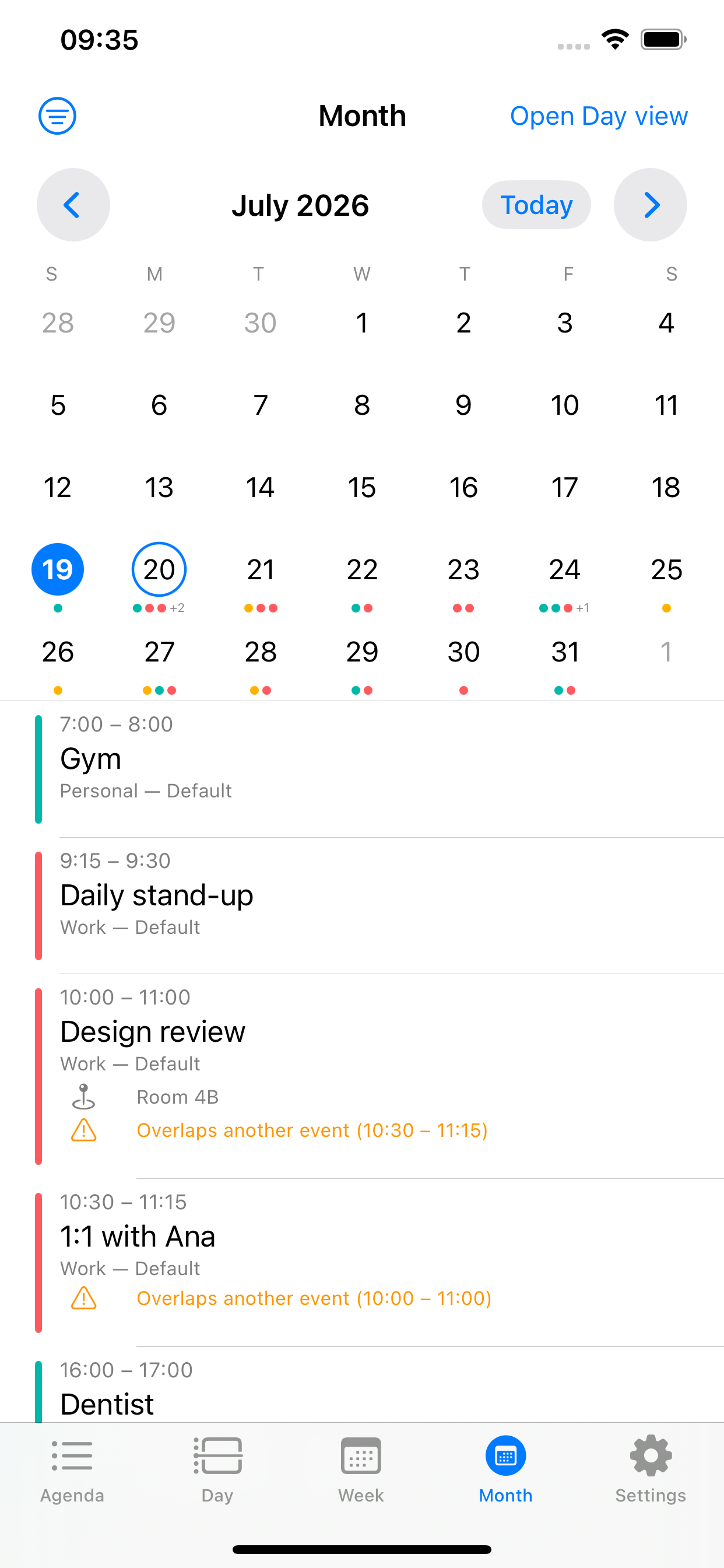 Month grid with event dots and day list