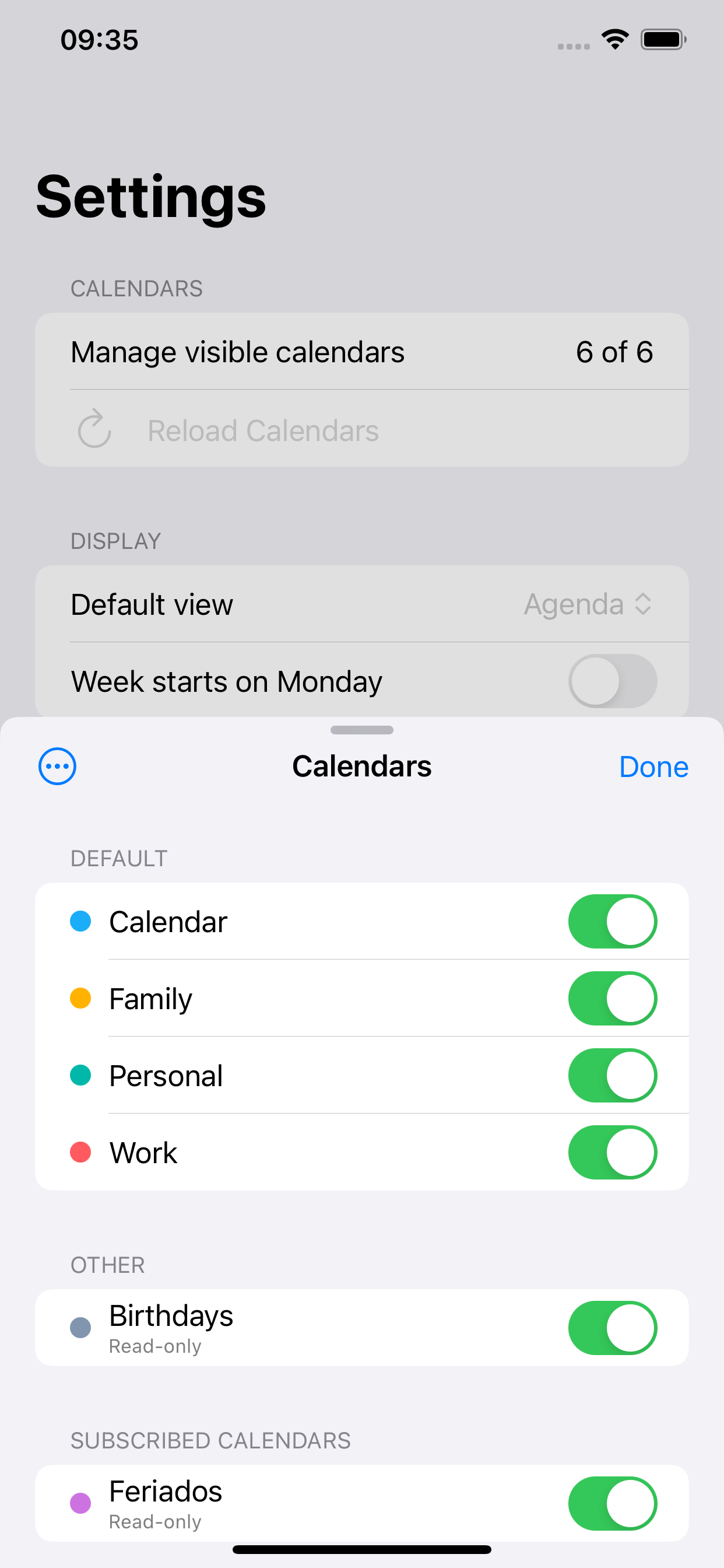 Calendar selection sheet with per-calendar toggles
